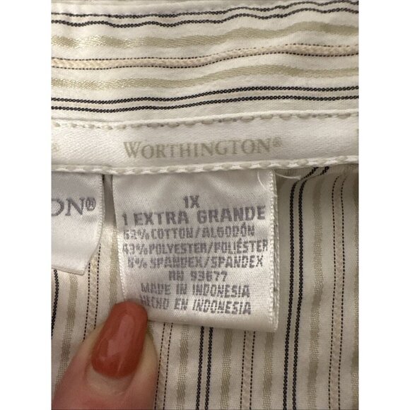 WORTHINGTON WOMEN'S TOP BLUE WHITE SIZE 1X STRETCH BUTTON UP BLOUSE 3/4 SLEEVE - Picture 4 of 11